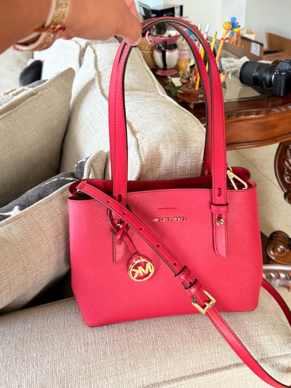 Michael Kors red Saffiano Leather Tote with Gold Hardware